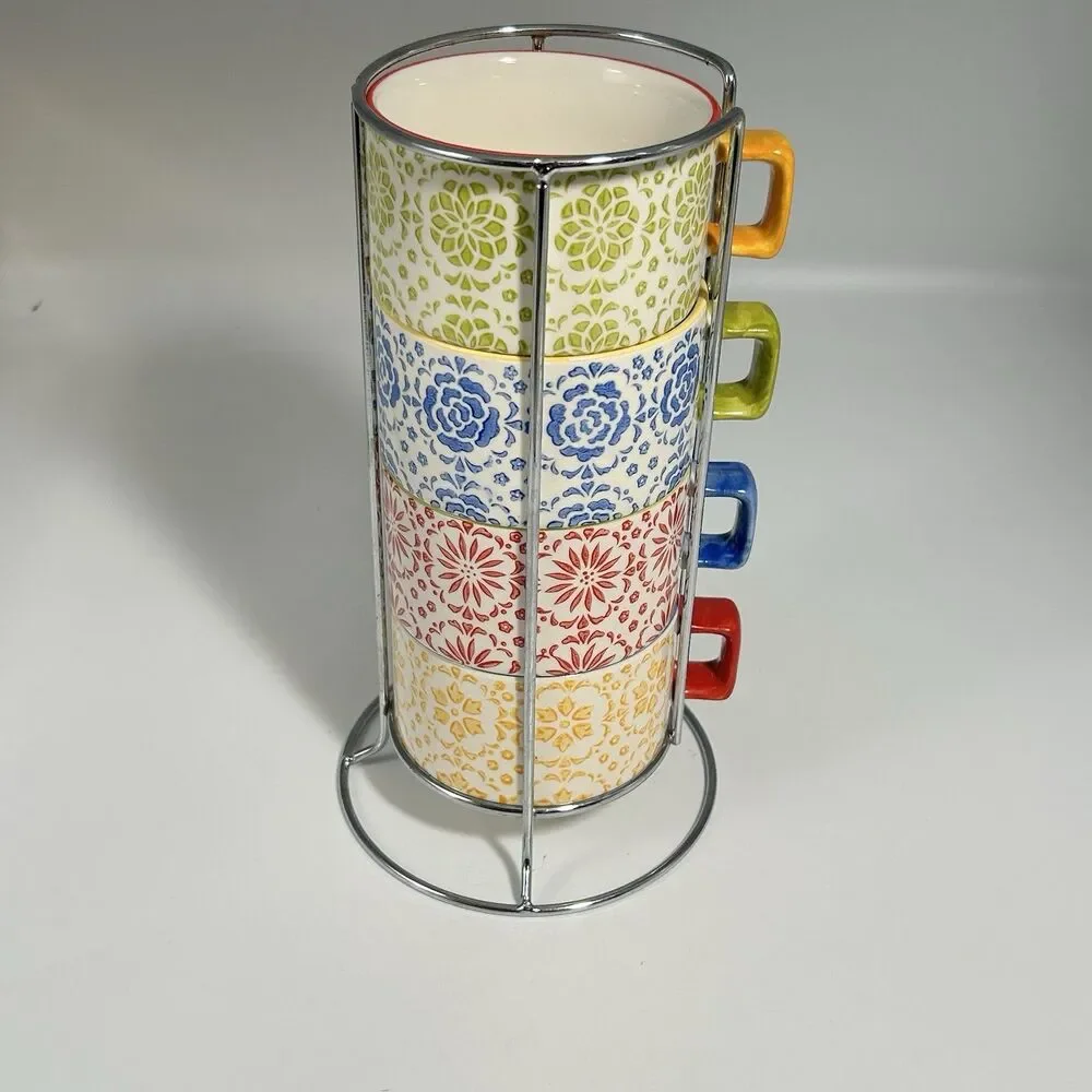 Pier 1 Imports Stackable Stoneware Mugs Set of 4 w/ Metal Stand Coffee  Cup